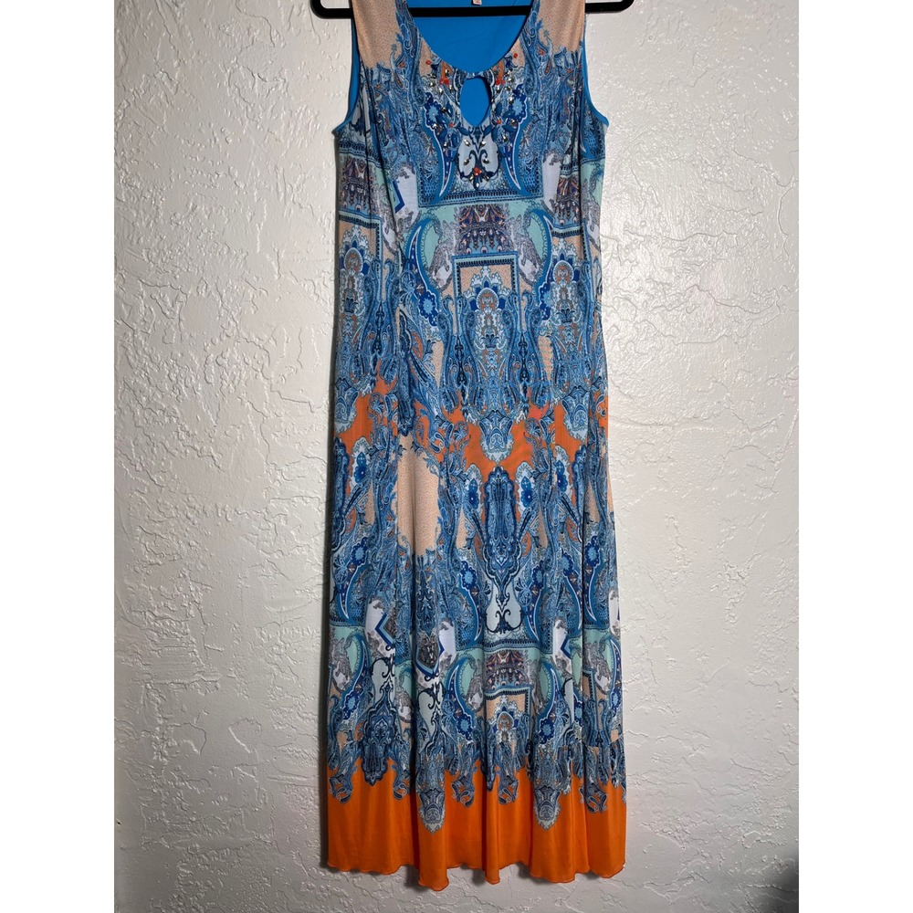 Reba Blue Paisley Sleeveless Midi Dress Keyhole Neck Stretch Knit Women's M - Picture 3 of 8